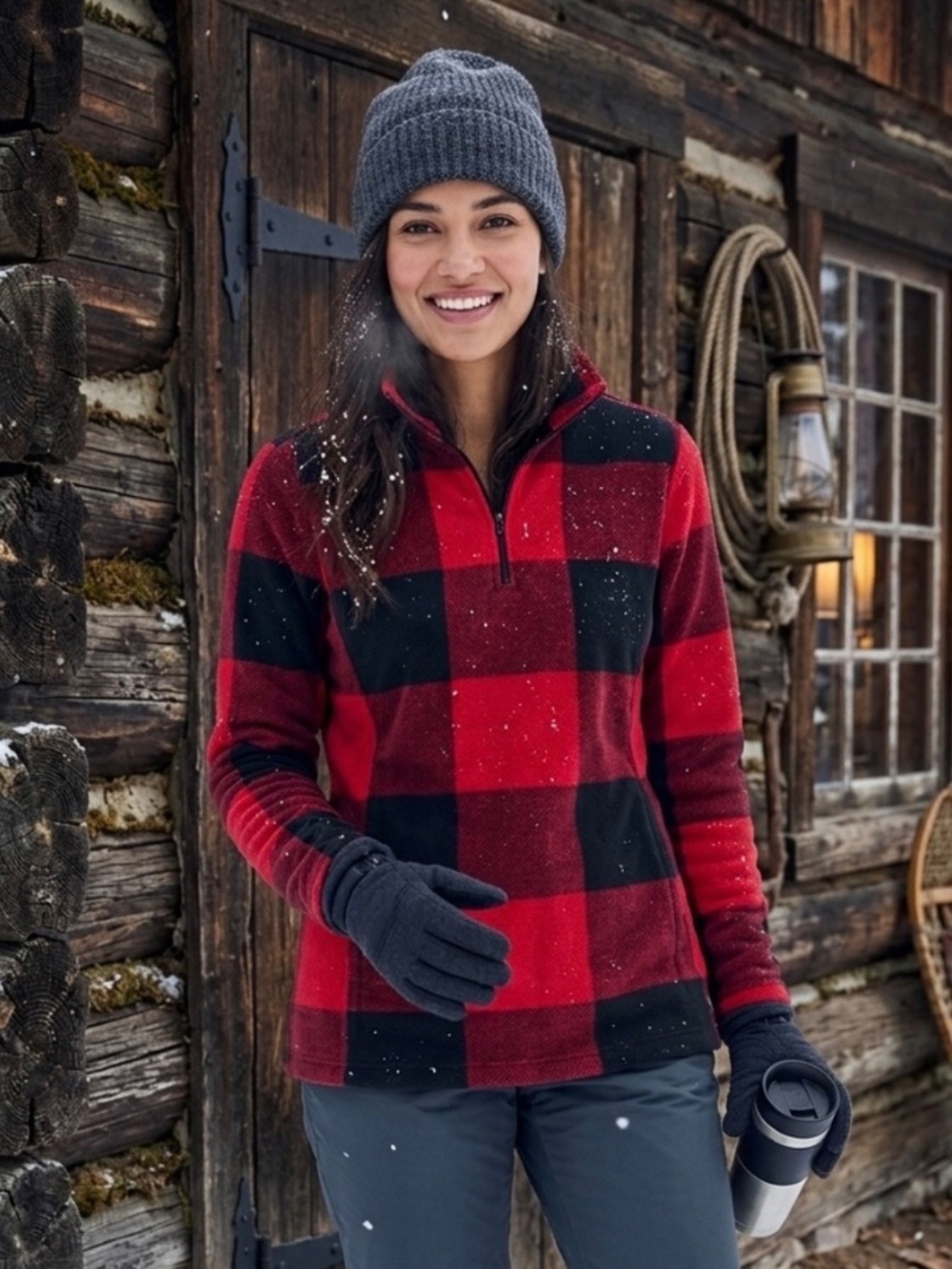 Lands’ End Red Black Buffalo Plaid Fleece Jacket Sz S/P Lumberjack Chic Gorpcore